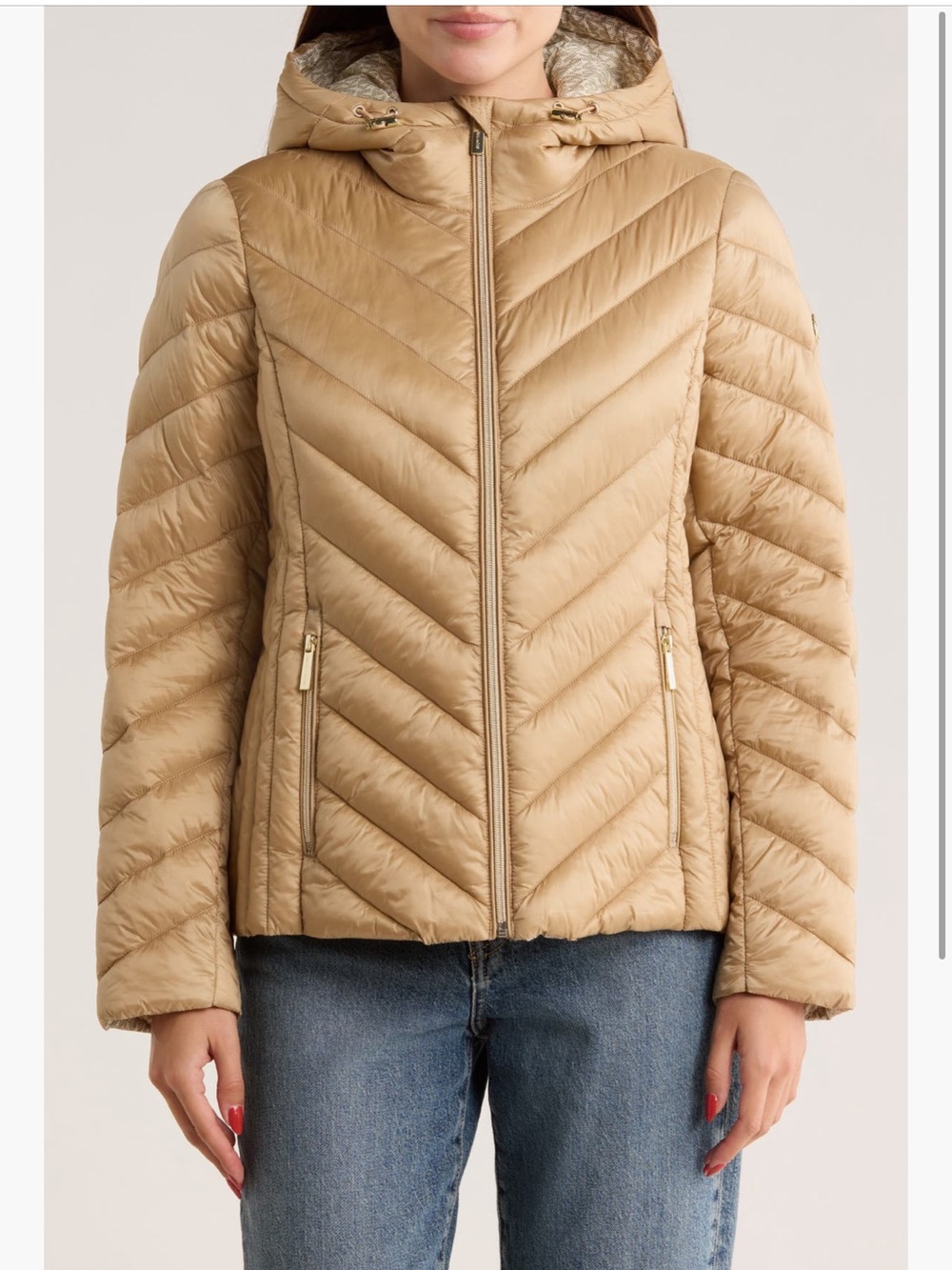 Michael Kors Tan Chevron Quilted Hooded Puffer Jacket